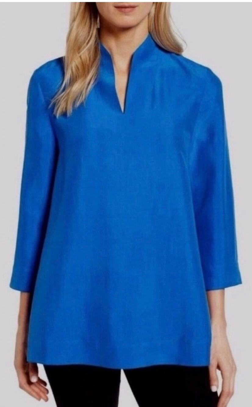 Eileen Fisher Catalina Blue Dupioni Silk High Collar Tunic Top Size S/P